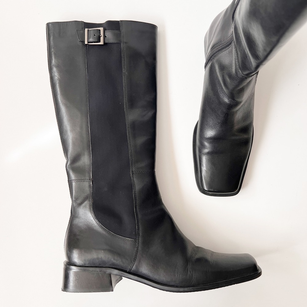 Vintage 90s Tall Square Toe Leather Boots Size 8 Black Block Heel Minimalist